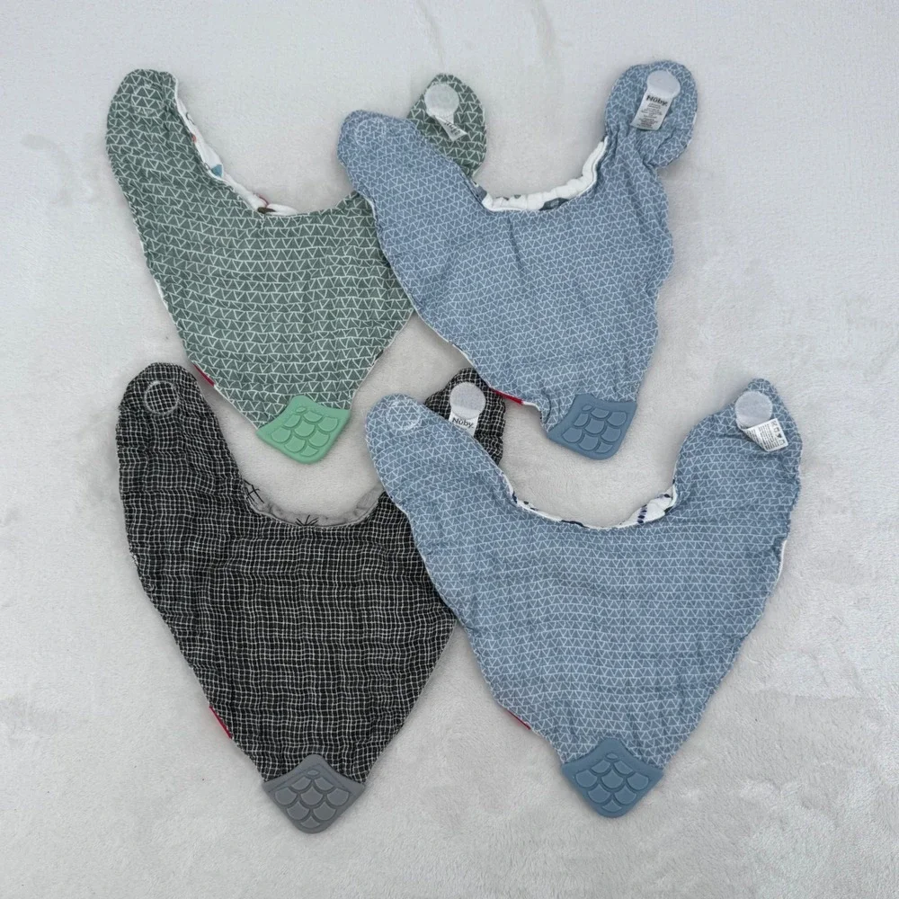 Nuby Bandana Teether Bibs 4-Pack Baby Adjustable Reversible Cotton Muslin Bibs